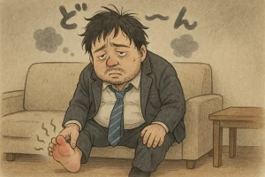 痛風で困っているサラリーマンの画像。